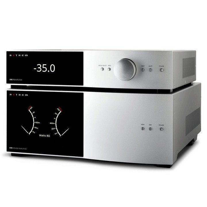 Anthem STR PreAmplifier Silver with STR Amplifier Front Angle