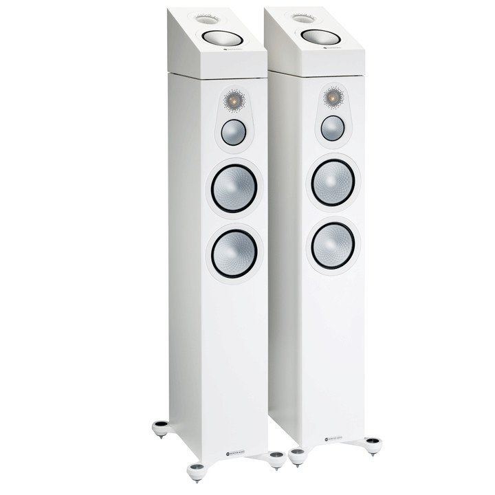 Monitor Audio Silver 300 7G Front ISO No Grilles Satin White with Silver Dolby AMS Speakers