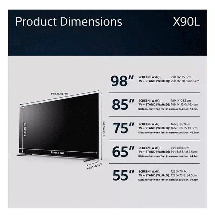 SONY XR98X90LU Sizes Options