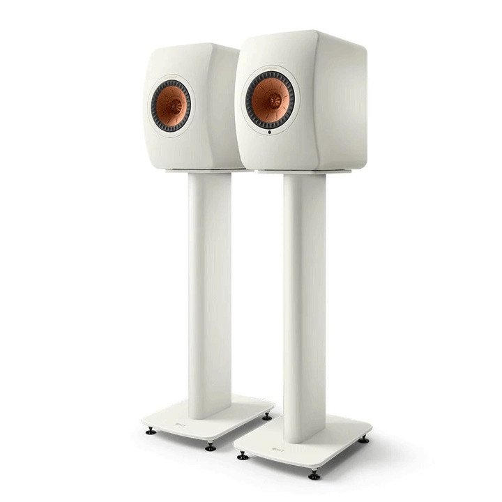 White KEF S2 Speakers with matching Stands