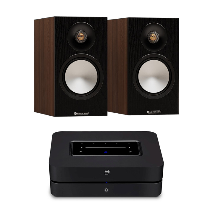 Walnut Monitor Audio Bronze 50 7G + Black Bluesound POWERNODE+