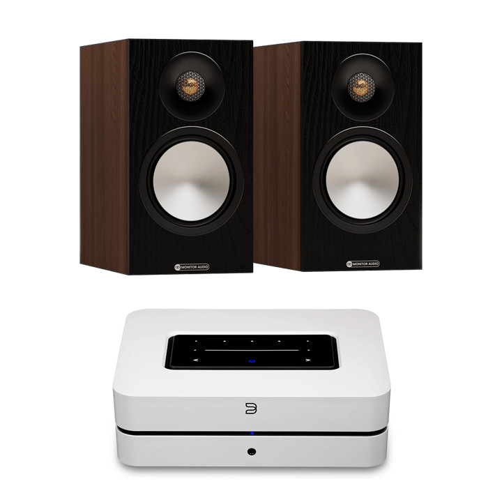 Walnut Monitor Audio Bronze 50 7G + White Bluesound POWERNODE+