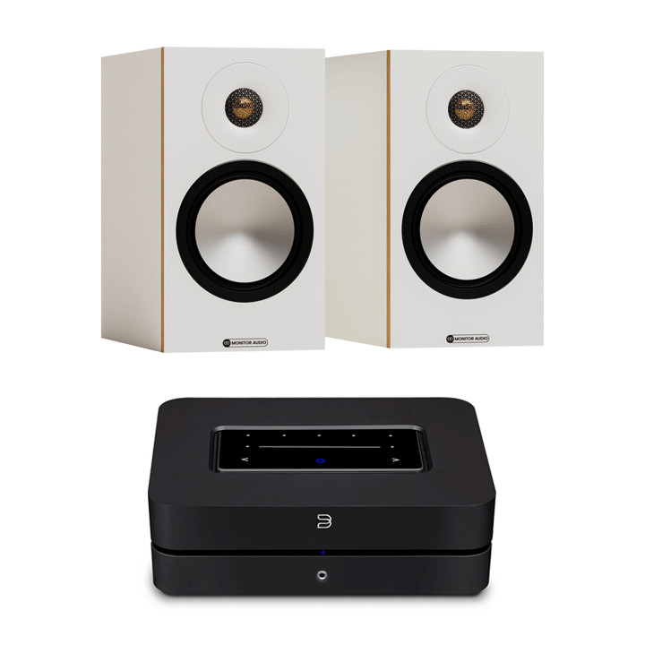 White Monitor Audio Bronze 50 7G + Black Bluesound POWERNODE+